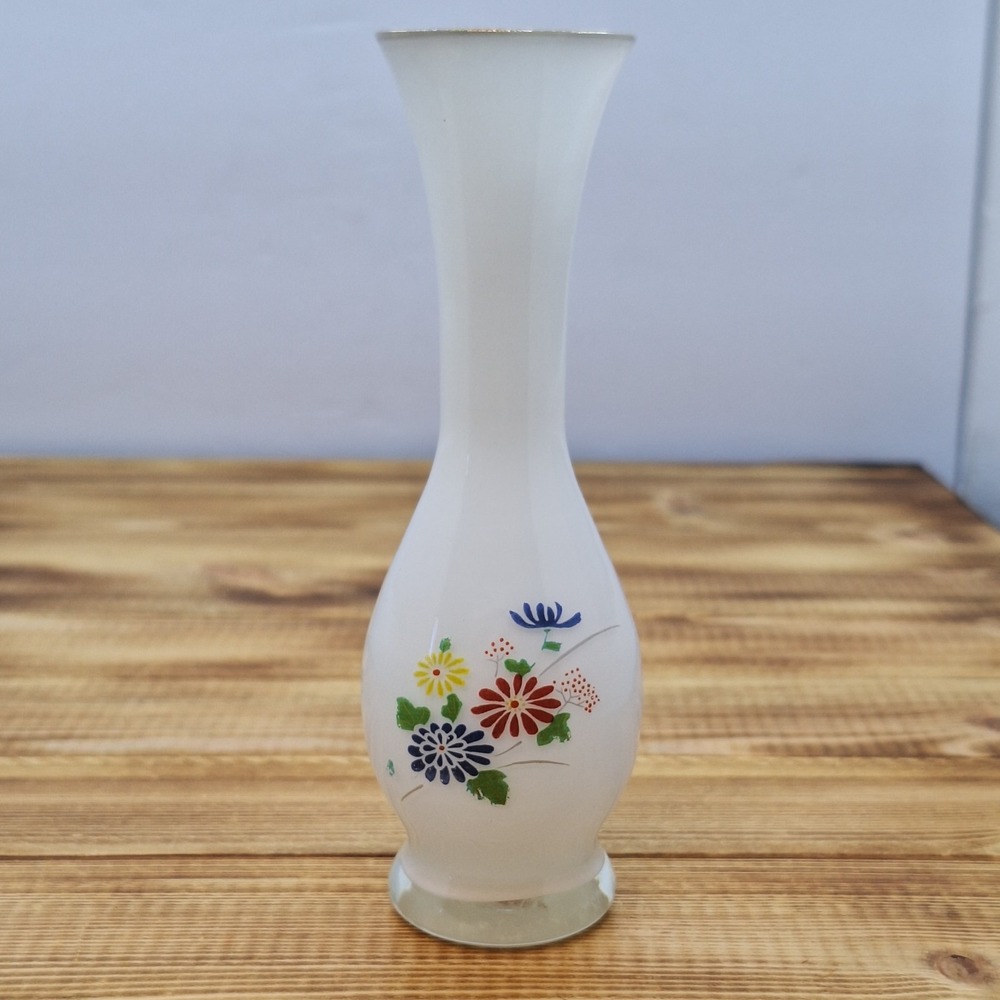 Vintage‎ Gold Rim Floral Tiny Encased White  Bud Vase 6" Tall
